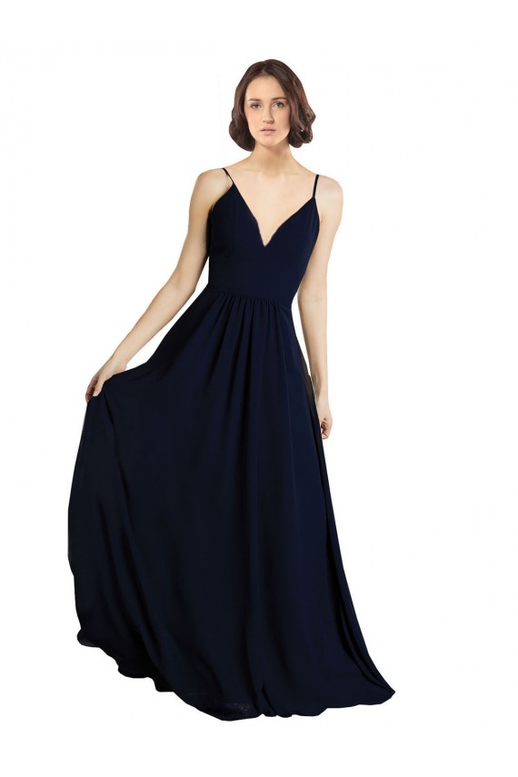 Compra Azul marina oscuro línea A Cuello en V Gasa Largo Vestidos de dama de honor