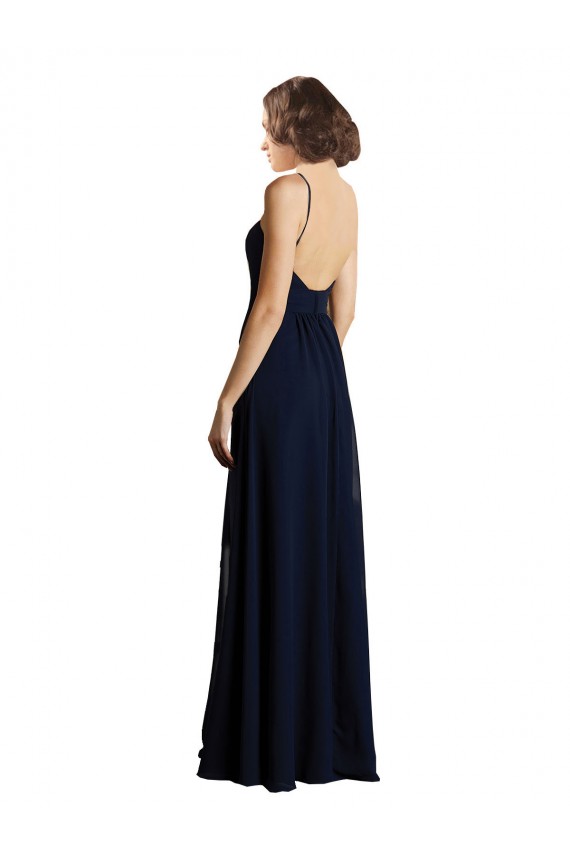 Compra Azul marina oscuro línea A Cuello en V Gasa Largo Vestidos de dama de honor