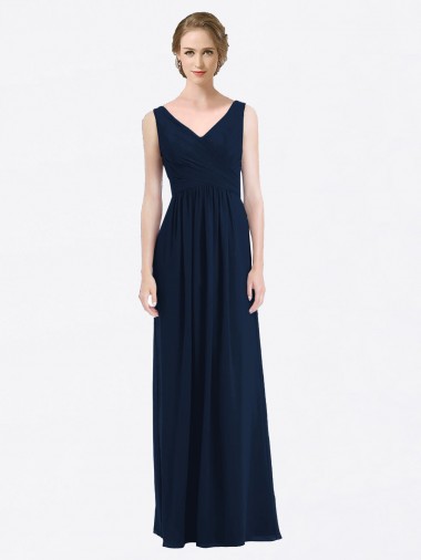Azul marina oscuro línea A Cuello en V Gasa Largo Vestidos de dama de honor Baratos