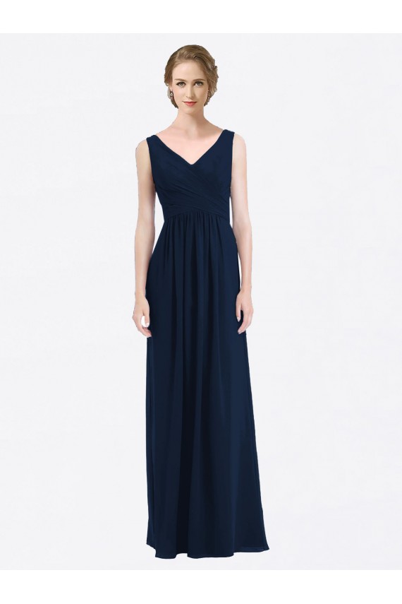 Compra Azul marina oscuro línea A Cuello en V Gasa Largo Vestidos de dama de honor