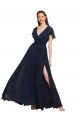 Compra Azul marina oscuro línea A Cuello en V Gasa Largo Vestidos de dama de honor