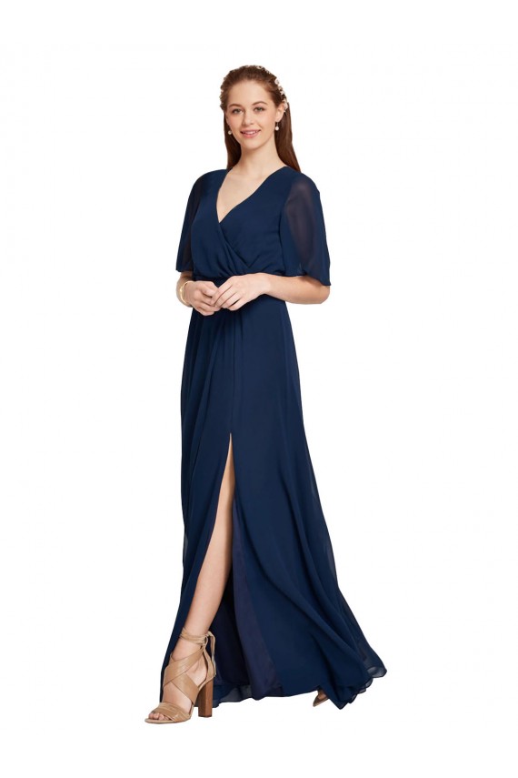 Compra Azul marina oscuro línea A Cuello en V Gasa Largo Vestidos de dama de honor