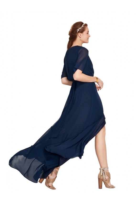 Compra Azul marina oscuro línea A Cuello en V Gasa Largo Vestidos de dama de honor