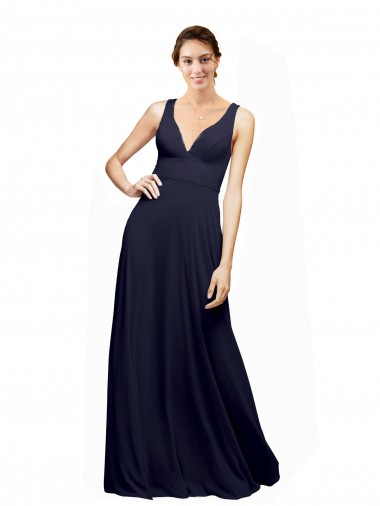 Azul marina oscuro línea A Cuello en V Gasa Largo Vestidos de dama de honor Baratos