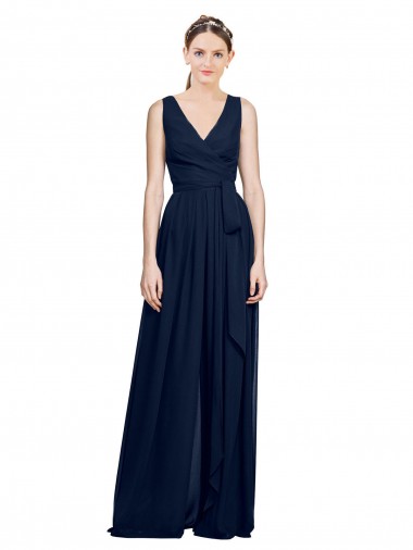 Azul marina oscuro línea A Cuello en V Gasa Largo Vestidos de dama de honor Baratos