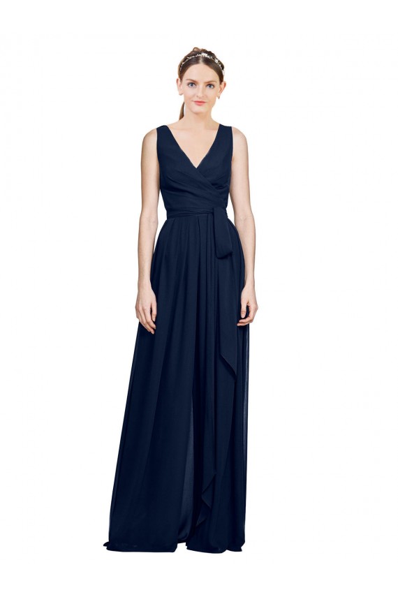 Compra Azul marina oscuro línea A Cuello en V Gasa Largo Vestidos de dama de honor
