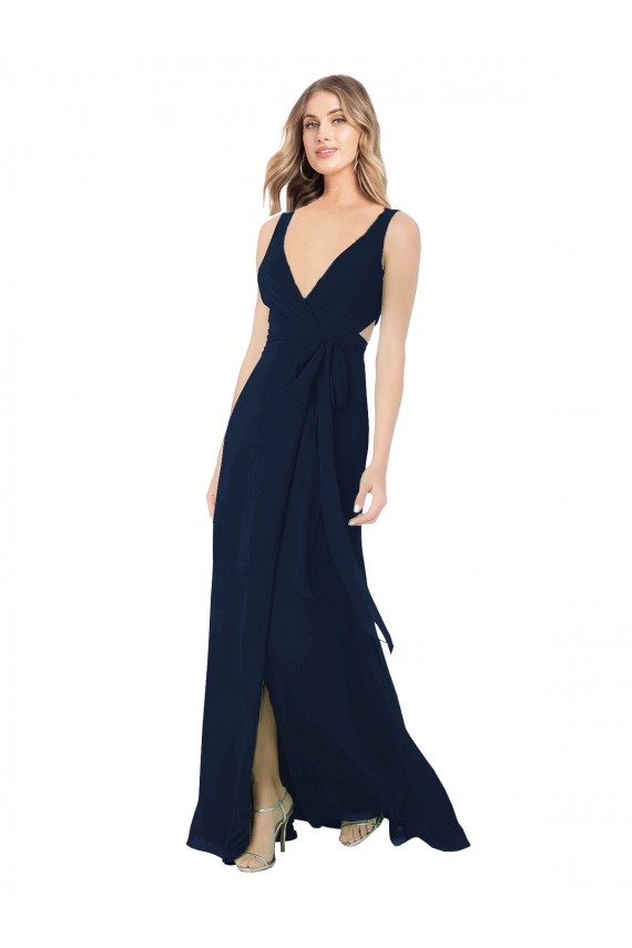 Compra Azul marina oscuro línea A Cuello en V Gasa Largo Vestidos de dama de honor