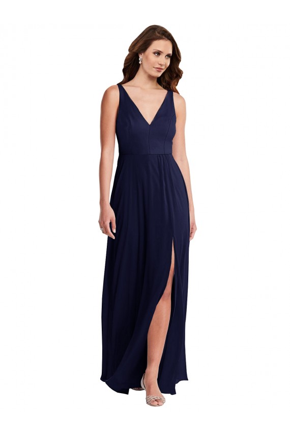 Compra Azul marina oscuro línea A Cuello en V Gasa Largo Vestidos de dama de honor