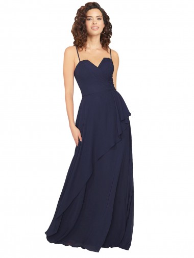Azul marina oscuro línea A Cuello en V Gasa Largo Vestidos de dama de honor Baratos