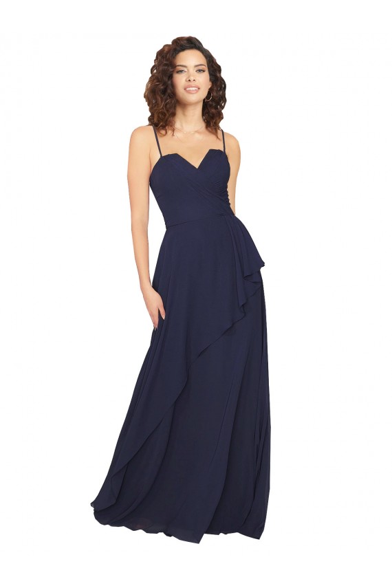 Compra Azul marina oscuro línea A Cuello en V Gasa Largo Vestidos de dama de honor