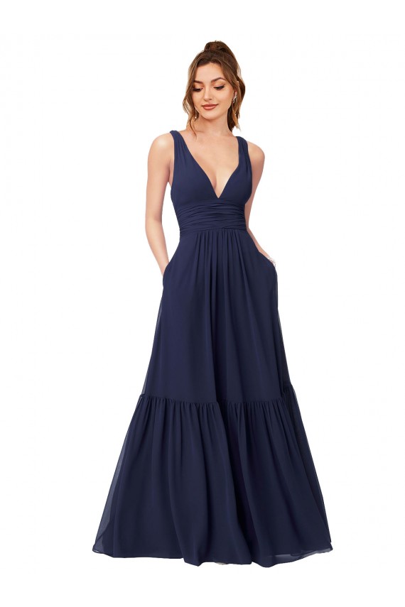 Compra Azul marina oscuro línea A Cuello en V Gasa Largo Vestidos de dama de honor
