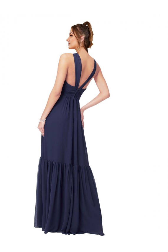Compra Azul marina oscuro línea A Cuello en V Gasa Largo Vestidos de dama de honor