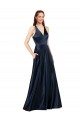 Compra Azul marina oscuro línea A Cuello en V Satén Largo Formales Vestidos de dama de honor / Vestidos de fiesta