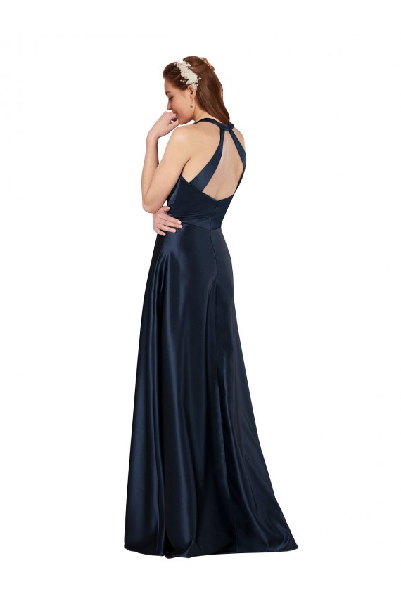 Compra Azul marina oscuro línea A Cuello en V Satén Largo Formales Vestidos de dama de honor / Vestidos de fiesta