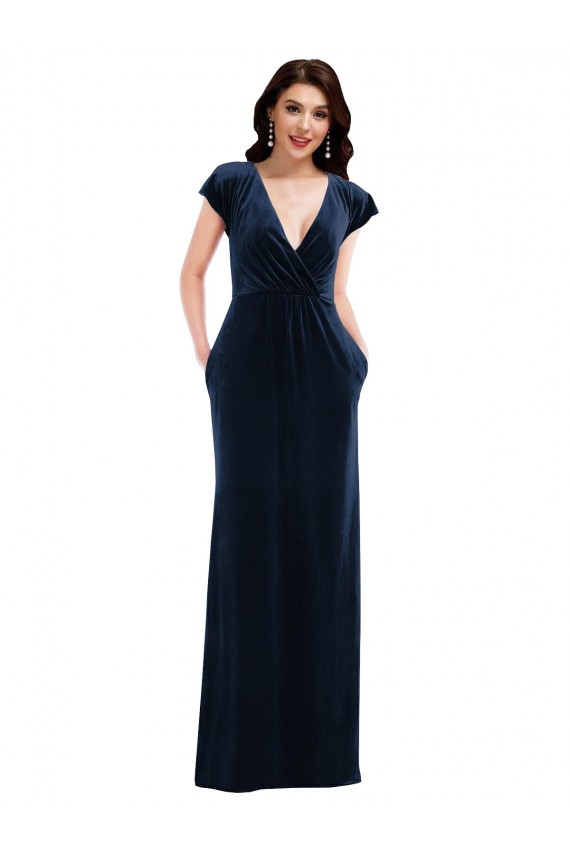 Compra Azul marina oscuro línea A Cuello en V Terciopelo Elástico Largo Formales Vestidos de dama de honor / Vestidos de fiesta