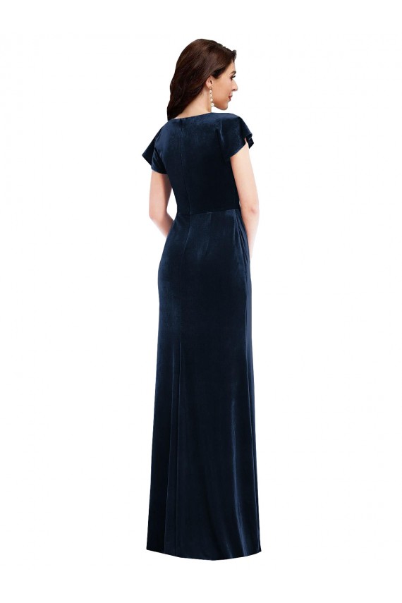 Compra Azul marina oscuro línea A Cuello en V Terciopelo Elástico Largo Formales Vestidos de dama de honor / Vestidos de fiesta