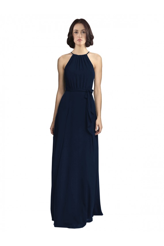 Compra Azul marina oscuro línea A Halter Cuello Alto Gasa Largo Vestidos de dama de honor
