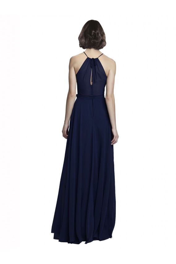 Compra Azul marina oscuro línea A Halter Cuello Alto Gasa Largo Vestidos de dama de honor