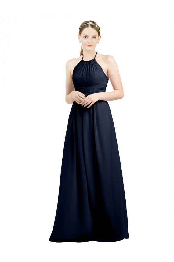 Compra Azul marina oscuro línea A Halter Cuello Alto Gasa Largo Vestidos de dama de honor