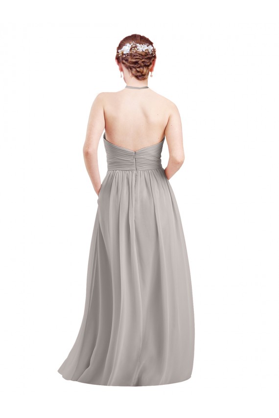 Compra Azul marina oscuro línea A Halter Cuello Alto Gasa Largo Vestidos de dama de honor