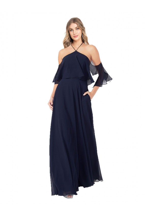 Compra Azul marina oscuro línea A Halter Cuello Alto Gasa Largo Vestidos de dama de honor