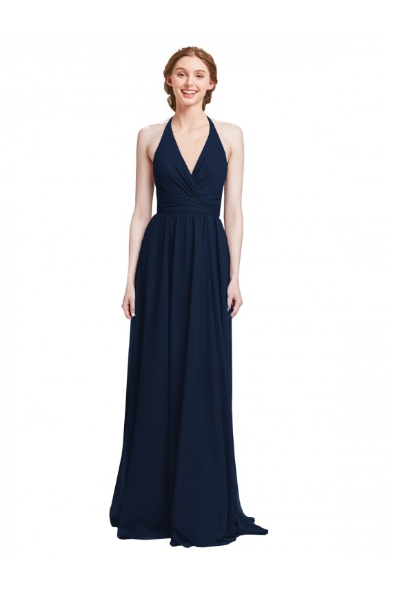 Compra Azul marina oscuro línea A Halter Cuello en V Gasa Largo Vestidos de dama de honor