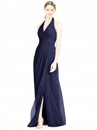 Azul marina oscuro línea A Halter Cuello en V Gasa Largo Vestidos de dama de honor Baratos