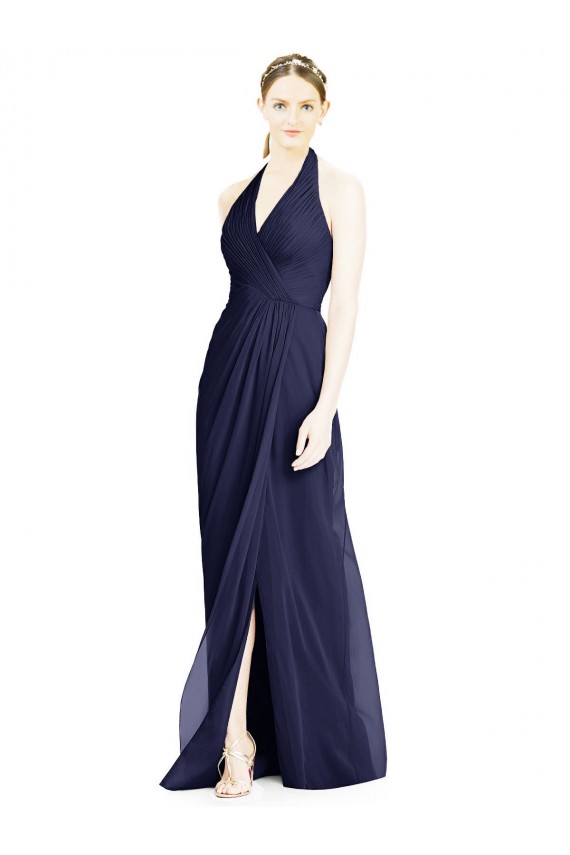 Compra Azul marina oscuro línea A Halter Cuello en V Gasa Largo Vestidos de dama de honor