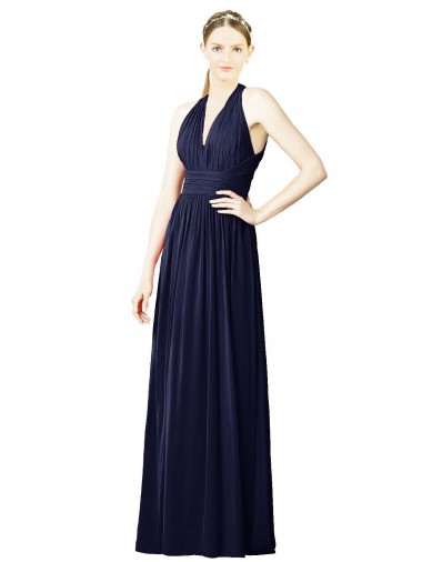 Azul marina oscuro línea A Halter Cuello en V Gasa Largo Vestidos de dama de honor Baratos