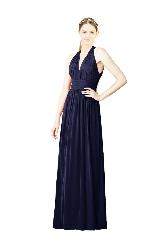 Compra Azul marina oscuro línea A Halter Cuello en V Gasa Largo Vestidos de dama de honor