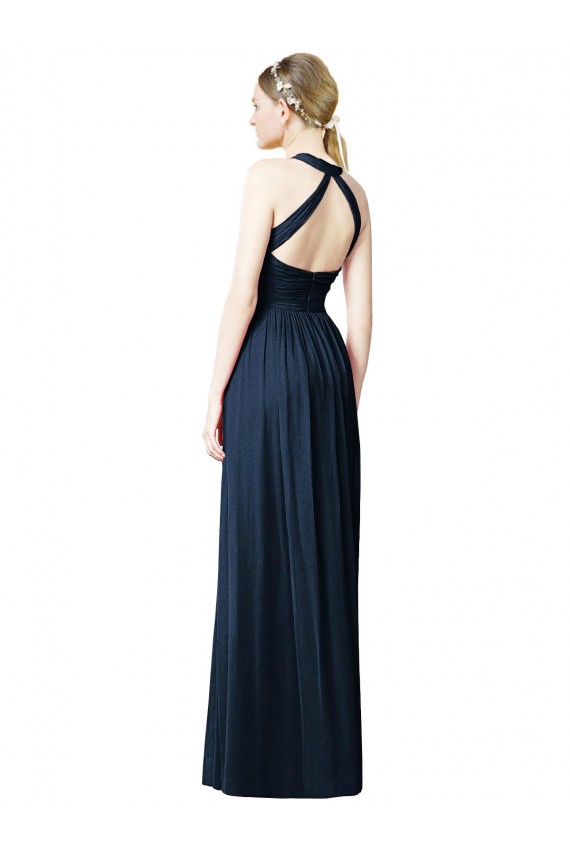 Compra Azul marina oscuro línea A Halter Cuello en V Gasa Largo Vestidos de dama de honor