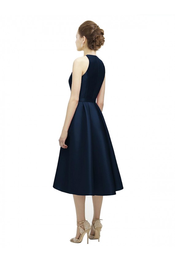 Compra Azul marina oscuro línea A Halter Cuello joya Satén Corto Asimétrico Vestidos de dama de honor