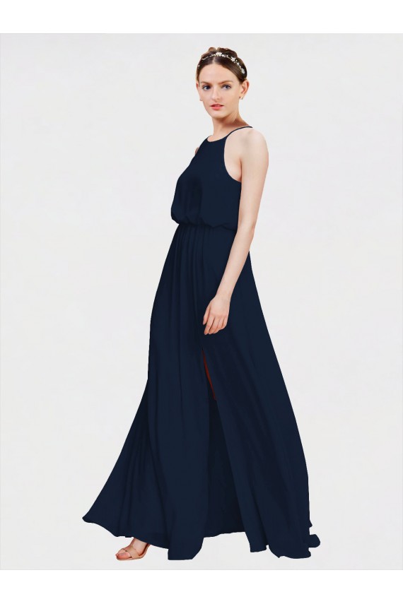 Compra Azul marina oscuro línea A Halter Gasa Largo Vestidos de dama de honor