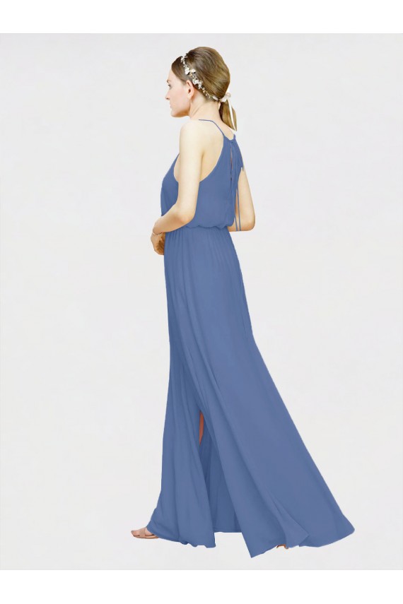 Compra Azul marina oscuro línea A Halter Gasa Largo Vestidos de dama de honor