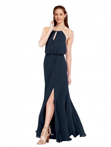 Azul marina oscuro línea A Halter Gasa Largo Vestidos de dama de honor Baratos