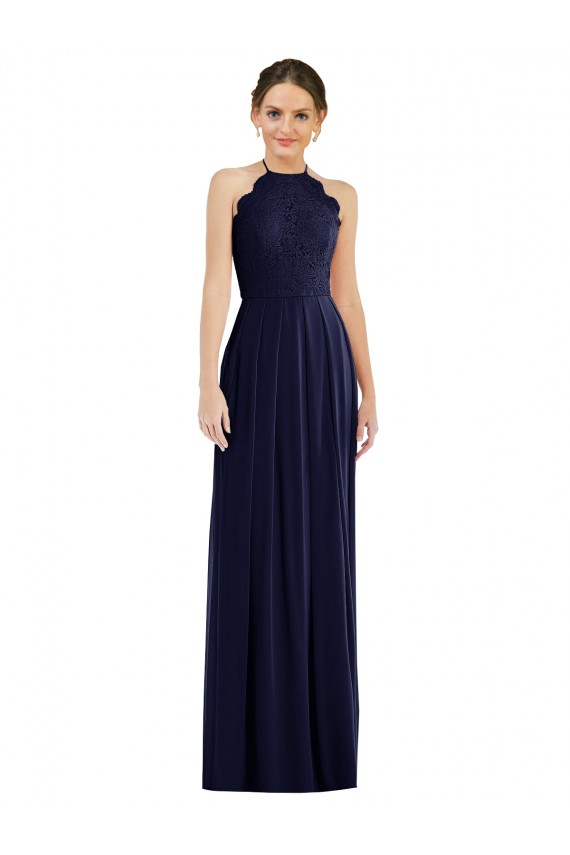 Compra Azul marina oscuro línea A Halter Gasa Largo Vestidos de dama de honor