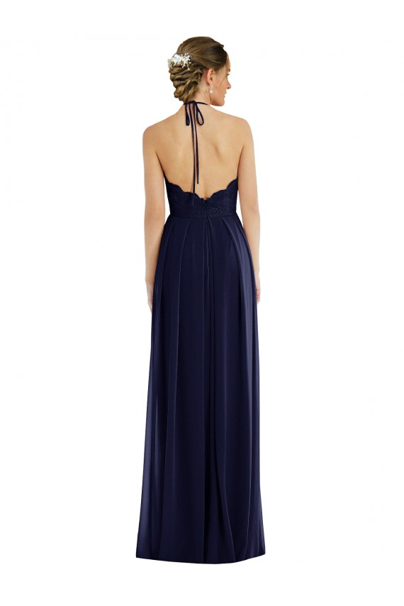 Compra Azul marina oscuro línea A Halter Gasa Largo Vestidos de dama de honor