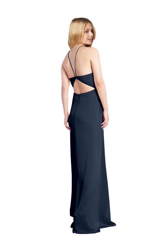 Compra Azul marina oscuro línea A Halter Satén elástico Largo Formales Vestidos de dama de honor / Vestidos de fiesta