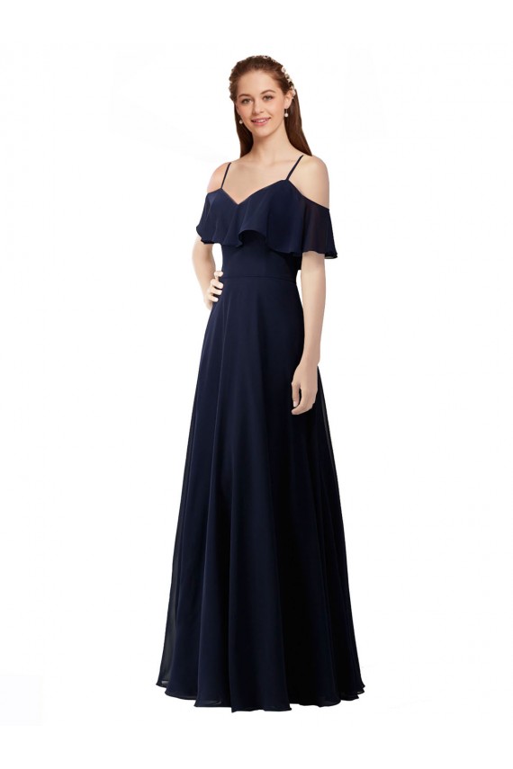 Compra Azul marina oscuro línea A Hombros Descubiertos Cuello en V Gasa Largo Vestidos de dama de honor