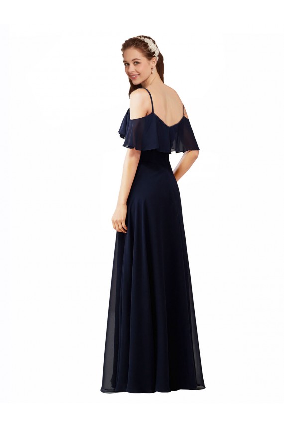 Compra Azul marina oscuro línea A Hombros Descubiertos Cuello en V Gasa Largo Vestidos de dama de honor