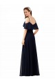 Compra Azul marina oscuro línea A Hombros Descubiertos Cuello en V Gasa Largo Vestidos de dama de honor