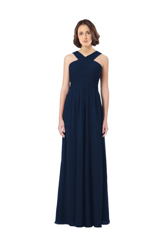Compra Azul marina oscuro línea A Hombros Descubiertos Gasa Largo Vestidos de dama de honor