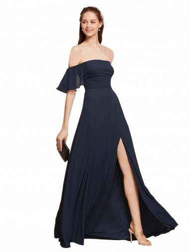Azul marina oscuro línea A Hombros Descubiertos Gasa Largo Vestidos de dama de honor / Vestidos de fiesta Baratos