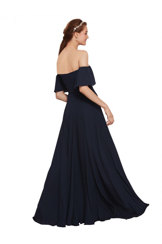 Compra Azul marina oscuro línea A Hombros Descubiertos Gasa Largo Vestidos de dama de honor / Vestidos de fiesta