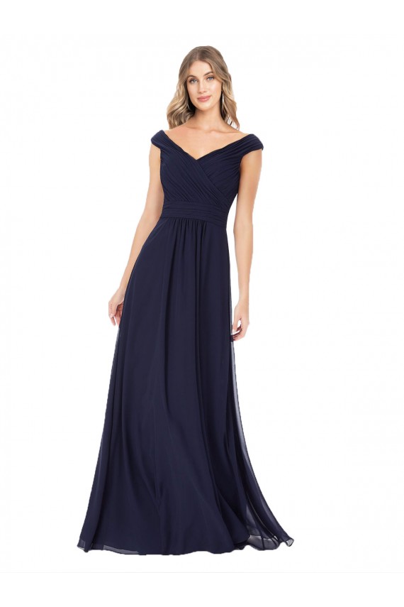 Compra Azul marina oscuro línea A Hombros Descubiertos Gasa Largo Vestidos de dama de honor