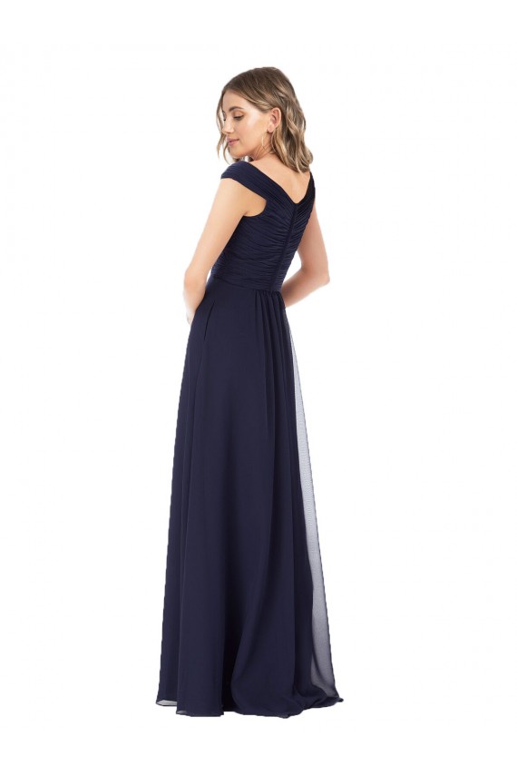 Compra Azul marina oscuro línea A Hombros Descubiertos Gasa Largo Vestidos de dama de honor