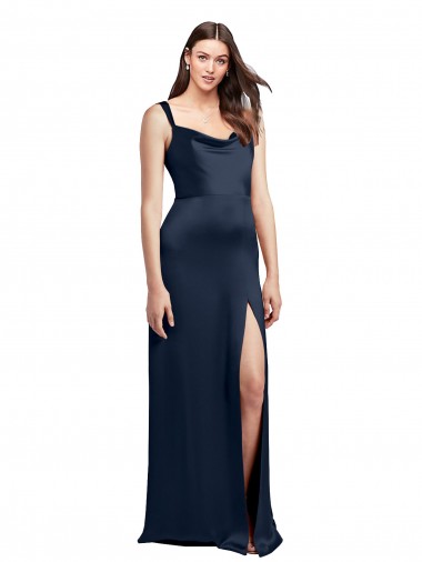 Azul marina oscuro línea A Satén elástico Largo Formales Vestidos de dama de honor / Vestidos de fiesta Baratos