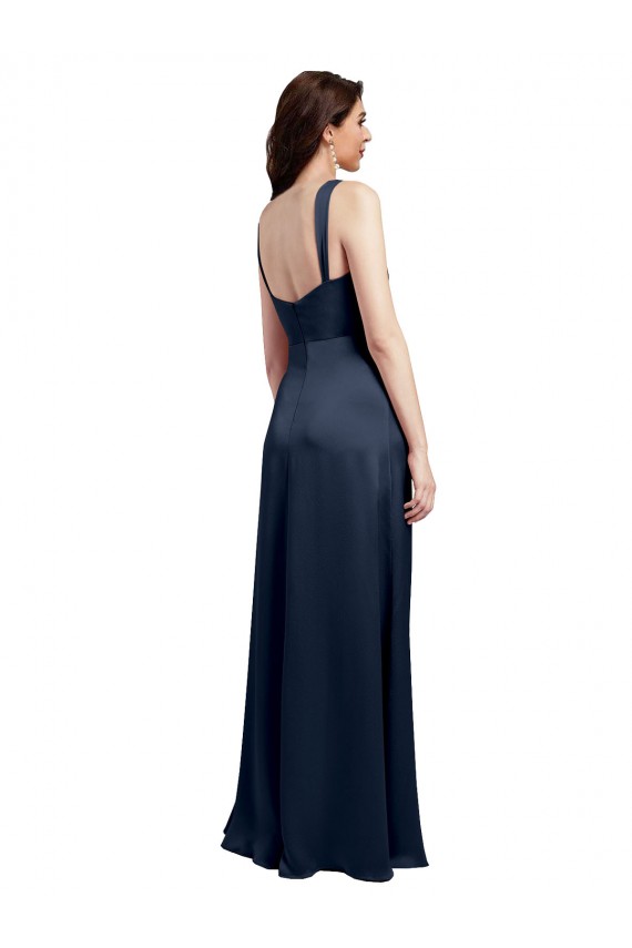 Compra Azul marina oscuro línea A Satén elástico Largo Formales Vestidos de dama de honor / Vestidos de fiesta