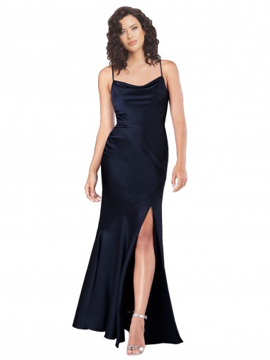 Azul marina oscuro línea A Satén sedoso Largo Formales Vestidos de dama de honor / Vestidos de fiesta Baratos