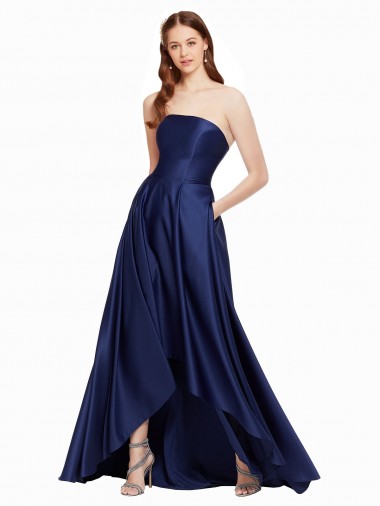 Azul marina oscuro línea A Sin tirantes Satén Largo Asimétrico Formales Vestidos de dama de honor / Vestidos de fiesta Baratos